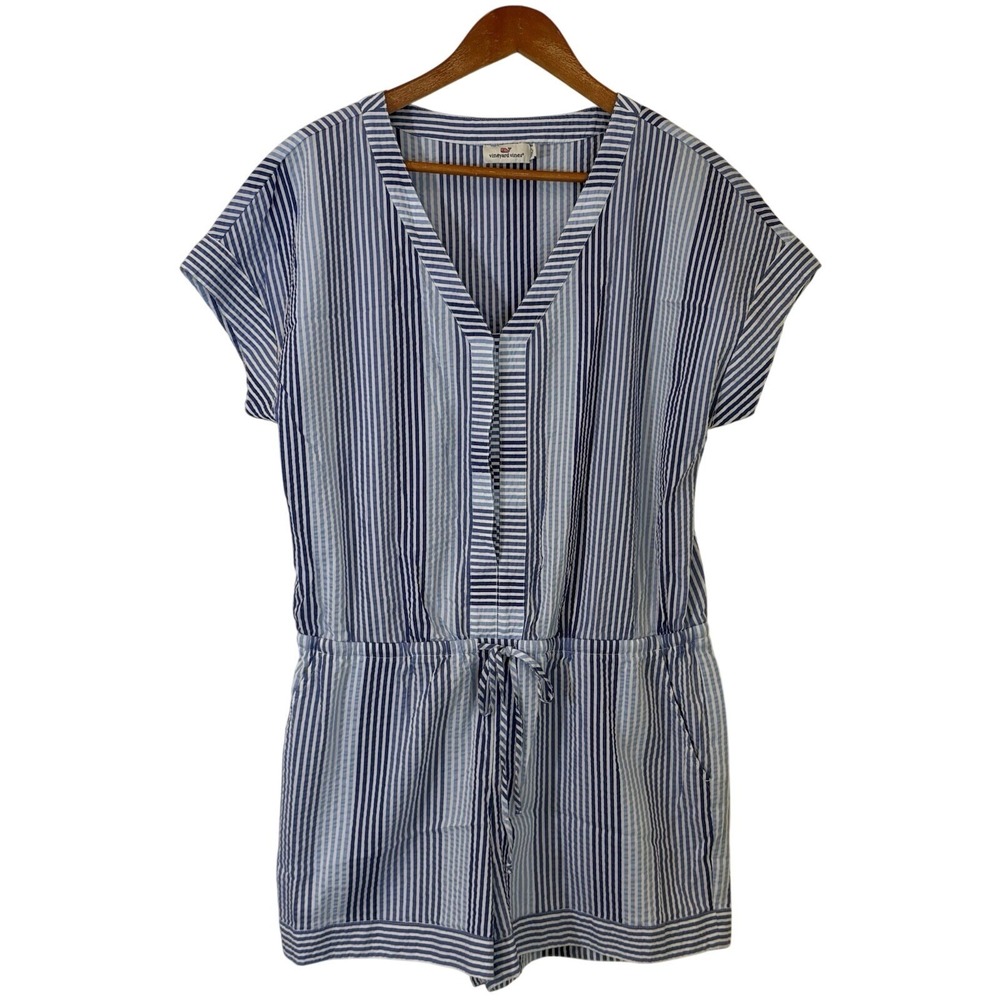 Vineyard Vines Womens Romper Shorts Medium Blue Stripe Seersucker Coastal Beachy